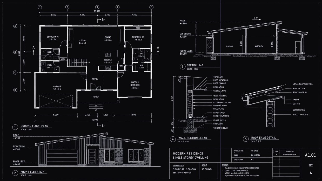 Architectural drawing set — floor plan, elevations and sections — produced in Forms 2D
